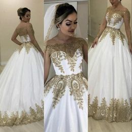 2021 Luxury Bling Dubai White Gold Wedding Dresses Bridal Formal Gowns Sheer Long Sleeves Off Shoulder Bateau Neck Appliqued Sparkly Gl 2580