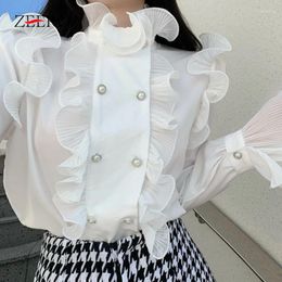 Women's Blouses Korean White Sweet Long Flare Sleeves Ruffles Neck Shirts Summer Spring Women Double Breasted Slim Y2k Blouse Retro Tops