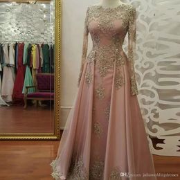 Modest Long Sleeve Blush Pink Prom Dresses Wear Lace Appliques Crystal Abiye Dubai Evening Gowns Caftan Muslim Party Dress QC1119 289l