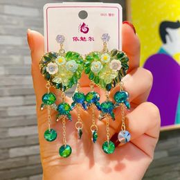 Dangle Earrings Fashion Luxury Green Crystal Heart Flower Tassel Drop For Women Wedding Party Jewellery Accessories Bridal Brincos