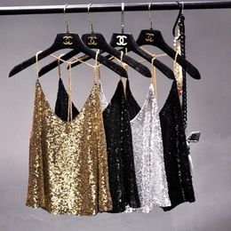 Sequin Condom with Tank Top Womens Fashion Top Sumer Sexy Low Cut Loose T-shirt Tank Top 240508