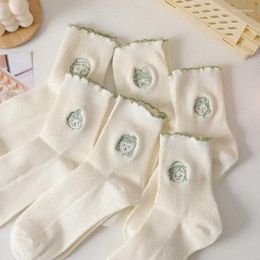 Women Socks Japanese Kawaii Cartoon Embroidery Sweet Girls Cute Casual Solid Color Cotton Knitting Lolita Ruffle Sox