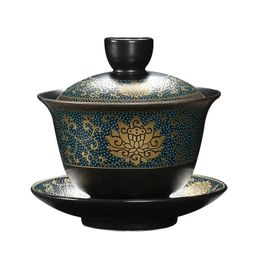 Chinese Teaset Classical Gaiwan Tea Cups Black Clay Tureen 200ml Lid Bowl Saucer Traditional Handmade Brew Cup 240429