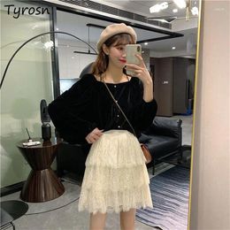 Skirts Ball Gown Women High Elastic Waist Sweet Lace All-match Summer Students Pleated Solid Ruched Simple Trendy Japanese Style