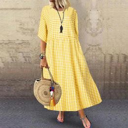 Casual Dresses Round Neck Dress Women Plaid Maxi Stylish Check Print For A-line Silhouette Short Sleeves Commuting