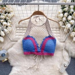 Women's Tanks Fashionable Matching Knitted Crocheted Hollow-out Halter Top Slings Sexy Backless Lace-up Slim-Fit Short Vacation Corset