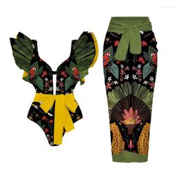 Women's Swimwear SEAURAL 2024 Ruffle Printed Women 2PC Cover-up Swimsuit Deep-V Belt One-piece Monokini Kimono Bikini Suit Beachwear