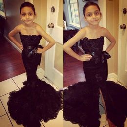 Black Lace Strapless Girls Pageant Dresses With Ribbon Sashes Mermaid Front Split Flower Girl Dresses For Wedding African Kids Formal W 307E