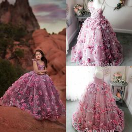 ball gown girls pageant dresses spaghetti feather lace 3d floral appliqued flower girl dress floor length girls kids formal gowns 249O