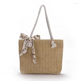 Evening Bags Simple Large-capacity Straw Woven Bag Fashion Silk Scarf Women's Shoulder Trendy Zipper Handbags For Women Beach