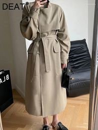 Women's Trench Coats Fashion Coat Belt Stand Collar Long Sleeves Single Button Big Pockets Windbreaker Spring 2024 7AB338