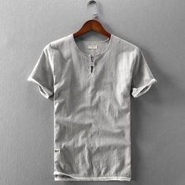 summer mens linen cotton T-shirt casual washing round neck Chinese style classic and comfortable sold on top solid color short sleeved T-shirt 240511