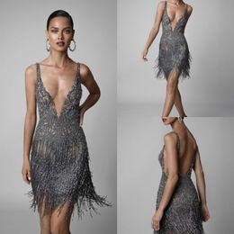 Berta 2019 Sexy Cocktail Dresses Tassel Short Spaghetti V Neck Backless Beaded Prom Gowns Illusion Luxury Formal Evening Dress 286s