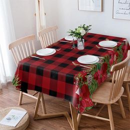 Table Cloth Christmas Balls Berries Pine Cones Red Plaid Rectangle Tablecloth Festival Party Navidad Decoration Waterproof Cover