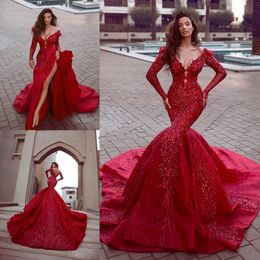 2019 Gorgeous Red Mermaid Prom Dresses Long Sleeve V Neck Lace Beaded Formal Occasion Sesy Split Evening Dress Arabic Kaftan Party Gown 180J