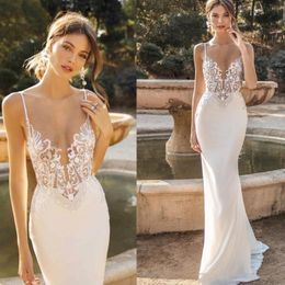 2021Sexy Berta Beach Mermaid Wedding Dresses Lace Backless Bridal Gowns Bohemian Plus Size Spaghetti Dress 263e