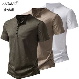 Summer mens Henry solid Colour short sleeved T-shirt mens polo shirt button bottom cotton V-neck jogging top 240511