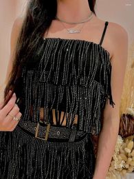 Skirts Women Tassel Skirt Suit Spaghetti Strap Crop Fringe Top And Mini 2 Piece Set Party Metallic Rhinestone Outfits