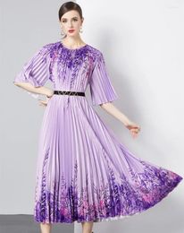 Party Dresses Elegant Miyake Pleated Holiday Gorgeour Floral Loose Dress Summer Women O Neck Purple Flower Print High Stretch Belt