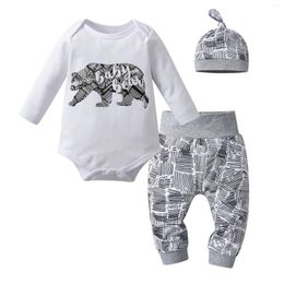Clothing Sets Cute Born Infant Baby Boy 3PCS Clothes Cotton Printed Long Sleeve Romper Bodysuit Top Pants Hats Outfit