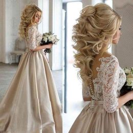 Champagne Satin White Lace Plunging V-neck Wedding Dresses Empire Waist 2022 Half Long Sleeves Ruched Vestidos De Novia Wedding Gowns 197R