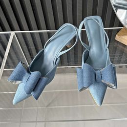 Bow Tie Cowboy High Heeled Women 2024 Summer Low Heel Designer Rhinestone Pointed Pumps Denim Mueller Sandals Female