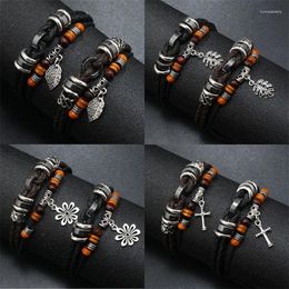 Strand Vintage Multi-layer Braided Wrap Leather Bracelet For Men Women Leaf Cross Charm Wood Beads Fashion Male Wristbands