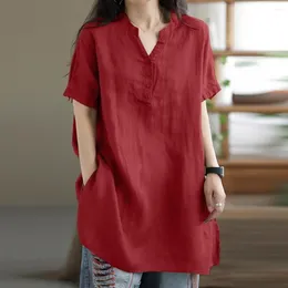 Women's Blouses Lady Shirt Stylish V-neck Summer Top With Short Sleeves Soft Thin Fabric Loose Fit Solid Color Pullover For Wear