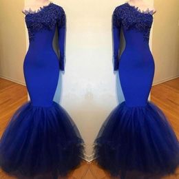 South African Royal Blue Prom Dresses Vintage Long Sleeve One Shoulder Mermaid Women Occasion Evening Gowns Designed Formal Wear 201E