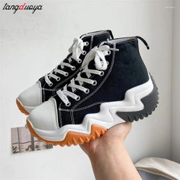 Casual Shoes High Top Canvas Women Summer Platform Vulcanised Thick Bottom Lace Up Trainers Female Wedges Sneakers 36-42