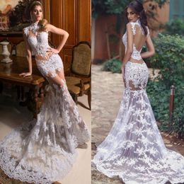 Sexy White Mermaid Lace Evening Dresses High Neck Illusion Saudi Arabic Long Prom Dresses Summer Formal Evening Gowns 303N