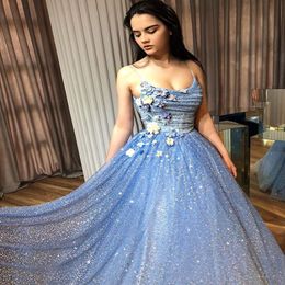 Glitter Blue Evening Dresses Spaghetti Lace 3D Floral Appliqued Sequins Beads Sweep Train Prom Dresses Formal Pageant Dress 261J