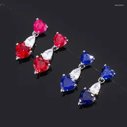 Stud Earrings Romantic Lab Created Heart Sapphire Ruby For Women Real S925 Silver Piercing Luxury Jewellery Valentine's Day Gift