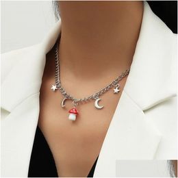 Pendant Necklaces Fashion Sier Color Metal Chain Star Moon Pendants For Women Cute Red White Resin Mushroom Necklace Party Jewelry D Dhcnq