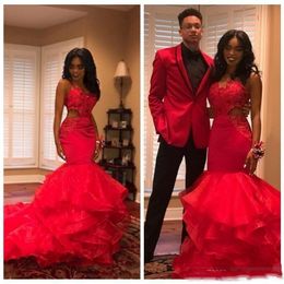2019 Hot Red African Black Girls Mermaid Prom Dresses Evening Wear Cutaway Lace Appliques Beads Tiered Evening Gowns Party Vestidos 2686