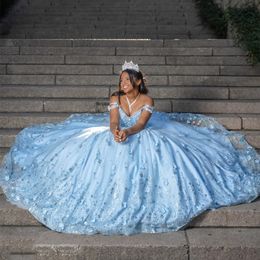 Sky Blue Shiny Princess Quinceanera Dresses Off Shoulder Lace Appliques Crystal Tull Ball Gown Sweet 16 Dresses Vestidos De 15