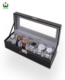 Large 6 Slot PU Leather SENIOR Watch Box Display Case Organiser Glass Top Jewellery Storage Organiser BOX BLACK WITH WHITE STICHING6567794