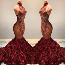 2020 Stunning African Mermaid Prom Dresses Burgundy Long High Neck Beading Crystal Ruffles Flowers Women Sexy Pageant Party Gowns Vesti 199o