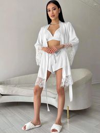 Home Clothing Hiloc Elegant White Satin Belt Robe Pajamas 3 Pieces Sets Summer Solid Sexy Bra Sleepwear 2024 Lace-Up Shorts Suits Night