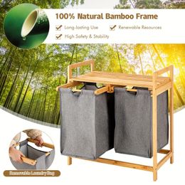 Laundry Bags 1set Bamboo Hamper With Dual Compartments Sorter Sliding & Shelf Home Supplies For Bathroom