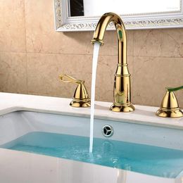 Bathroom Sink Faucets Luxury Gold Brass Faucet Three Holes Two Handles Cold Basin Tap European Style Top Quality Golden