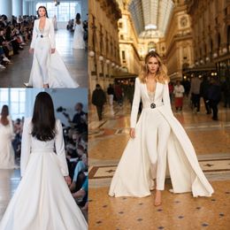 Berta 2023 Long Sleeve Wedding Pantsuit With Train Full Back Sexy V-neck Matte Stain Custom Make Bridal Jumpsuit Wedding Gown 225N