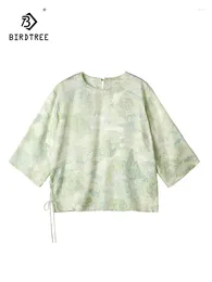 Women's T Shirts BirdTree 22MM 50% Real Silk Elegant T-shirt Women Half Sleeve Jacquard Chinese Retro Temperament Tops 2024 Summer T44974QC