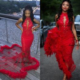 Red Mermaid Prom Dresses 2021 Modest Feathers Evening Dress Party Pageant Gowns Special Occasion Dress Dubai 2k19 Black Girl Couple Day 304b