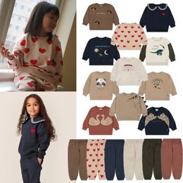 Ks Kids Panda Sequin Pullover Hooded Boy Dinosaurs Sweatshirt Pants Suit Girls Love Heart Print Sweatpants Children Clothes Set 240430