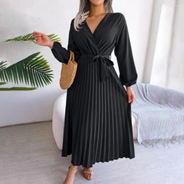 Casual Dresses Women V-neck Lantern Long Sleeve Maxi Dress Belt Pleated Loose Hem Solid Color Office Lady Streetwear