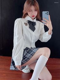 Work Dresses Harajpee Preppy Style Suits Celebrity Lapel Bow Tie JK Uniform Single Breasted Irregular Shirt Plaid Pleated Skirts Sets 2024