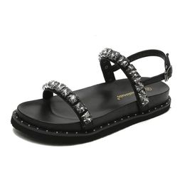 Women Platform Rhinestone Band Sandals Thick Bottom Flat Summer Gladiator Mujer Crystal Beads Sandalias Femininas a c