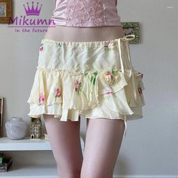 Skirts Mikumn Harajuku Y2k Sweet Floral Print Short Skirt Women Low Waist Drawstring Irregular Ruffled Shorts Kawaii Bottom