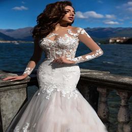 Modern New 2021 Plus Size Illusion Romantic Gorgeous Long Sleeve Lace Mermaid Wedding Dresses Princess Appliques See Through Bridal Gow 300v